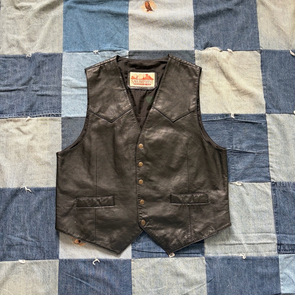 Vintage Saguaro West trading co black leather vest fits size L western 90s